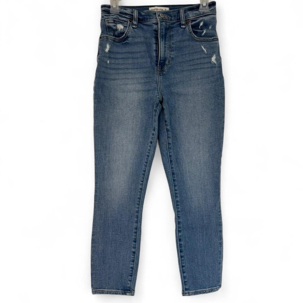 27, 4 Short Abercrombie & Fitch A&F Super Skinny High Rise Distressed Blue Jeans